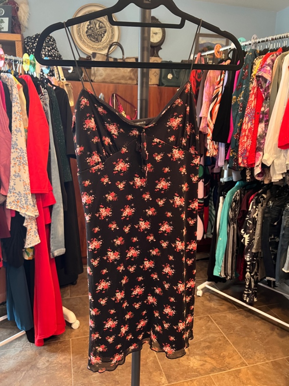 Forever 21 Black Mini Slip Dress with Pink Floral Print